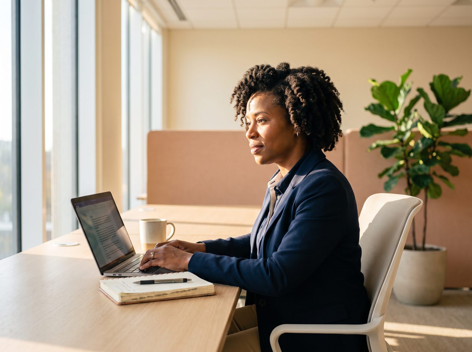 A procurement manager drafting a notice at her desk