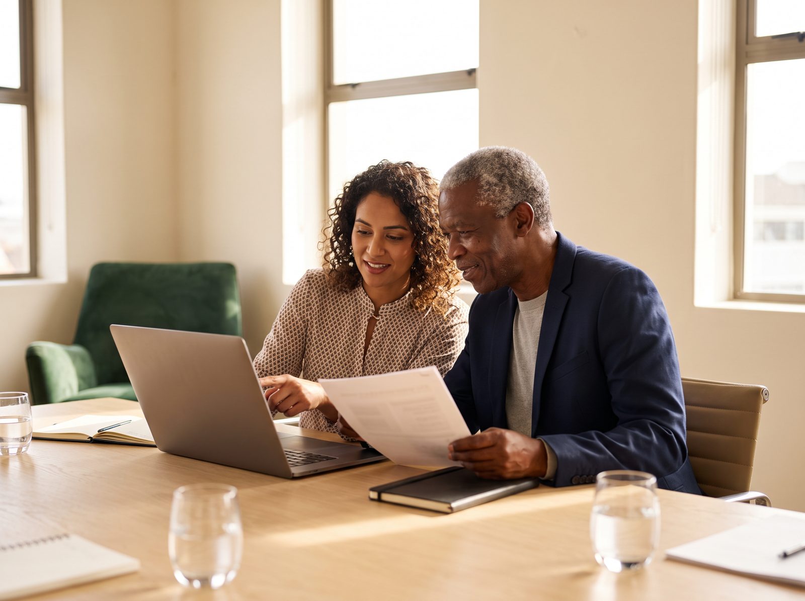 Two evaluators reviewing a bid on a laptop