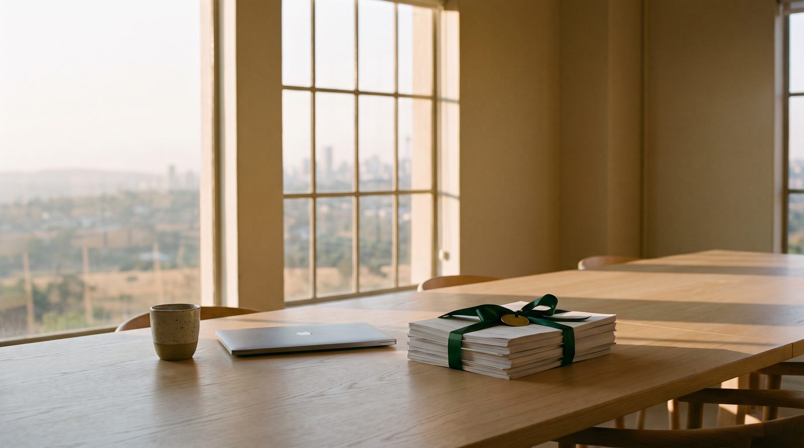 A quiet procurement office in morning light, with a sealed tender pack on the table