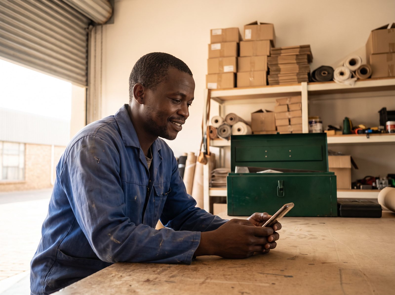 A small business owner reading a notice on his phone in his workshop